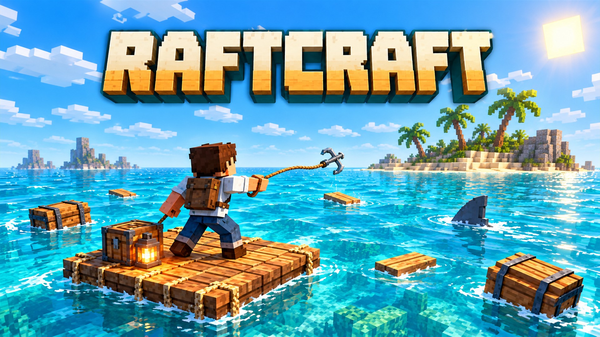 Raftcraft promotional artwork showing a survivor casting a hook from a wooden raft near a tropical island